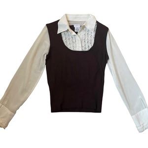 𝅺george Vintage Silk Blend Dark Academia Brown and Cream Ruffle Vest Blouse